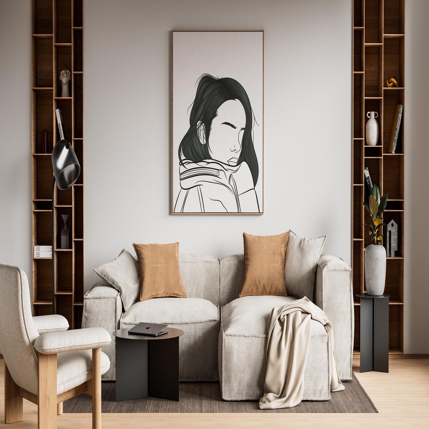 Line art portrait displayed in a modern living room setting.