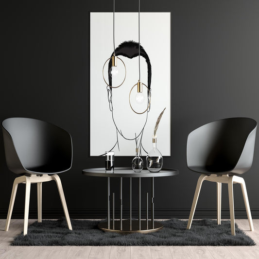 Line art of character and human faces displayed in a modern living room setting.
