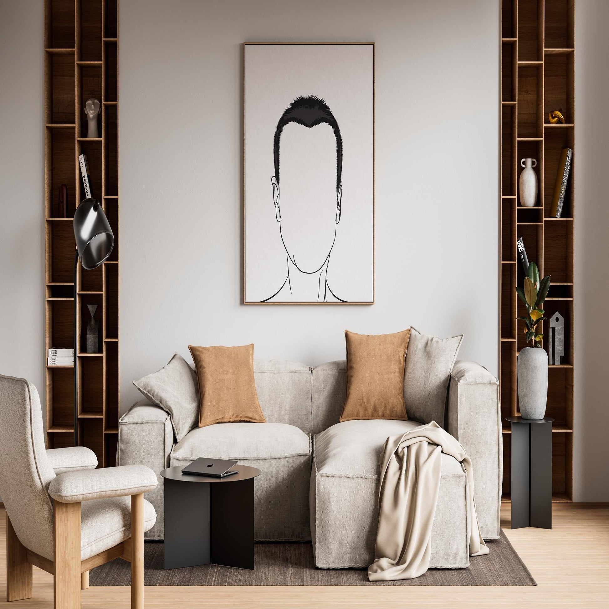 Character & Human Faces Model 20 line art on modern living room wall.