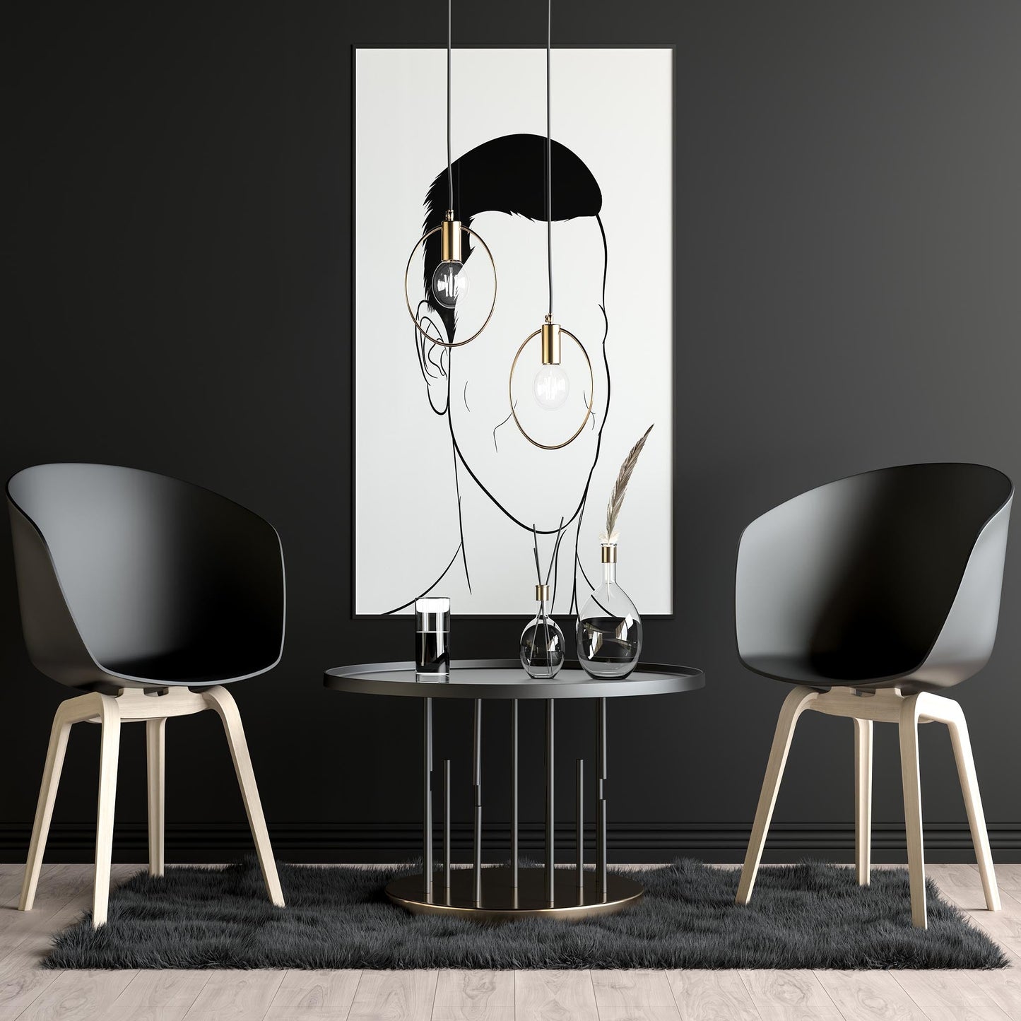 Character & Human Faces Model 21 digitalized line art portrait in modern interior setting.