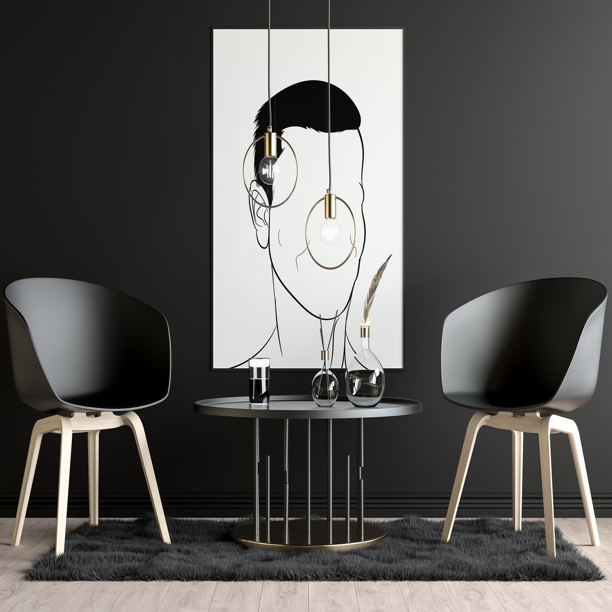 Character & Human Faces Model 21 digitalized line art portrait in modern interior setting.