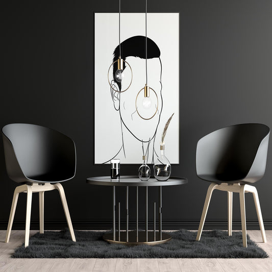 Character & Human Faces Model 21 digitalized line art portrait in modern interior setting.