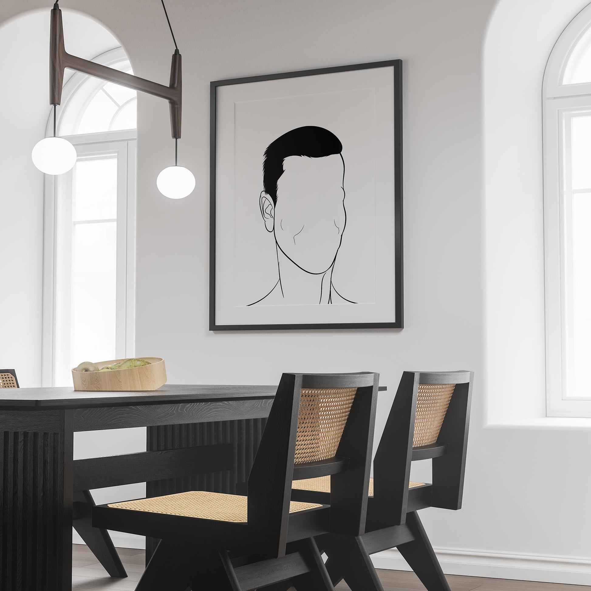 Line art portrait of a human face, titled "Character & Human Faces Model 21," displayed in a modern dining room.