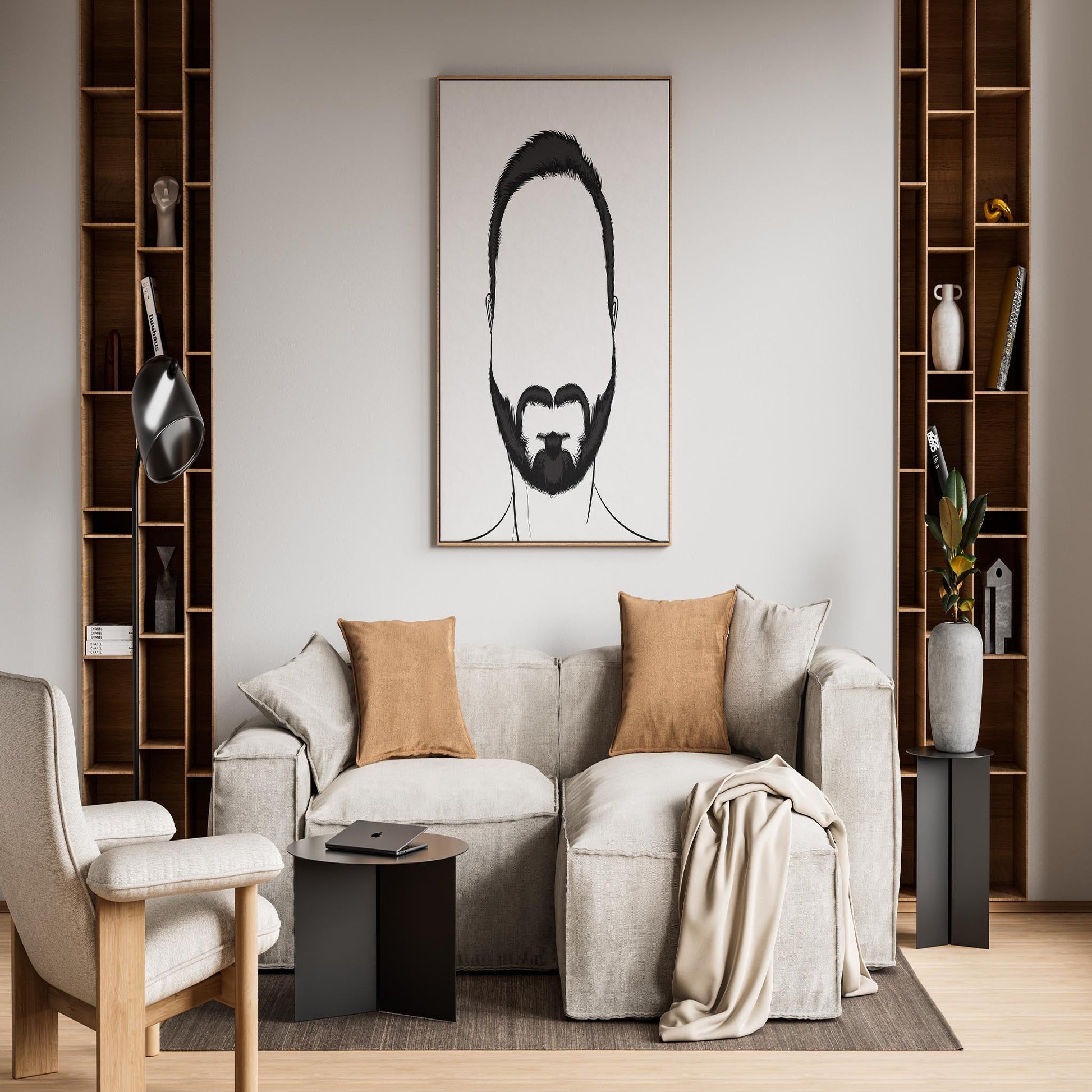 Line art depicting Character & Human Faces Model 22, displayed in a modern living room setting.