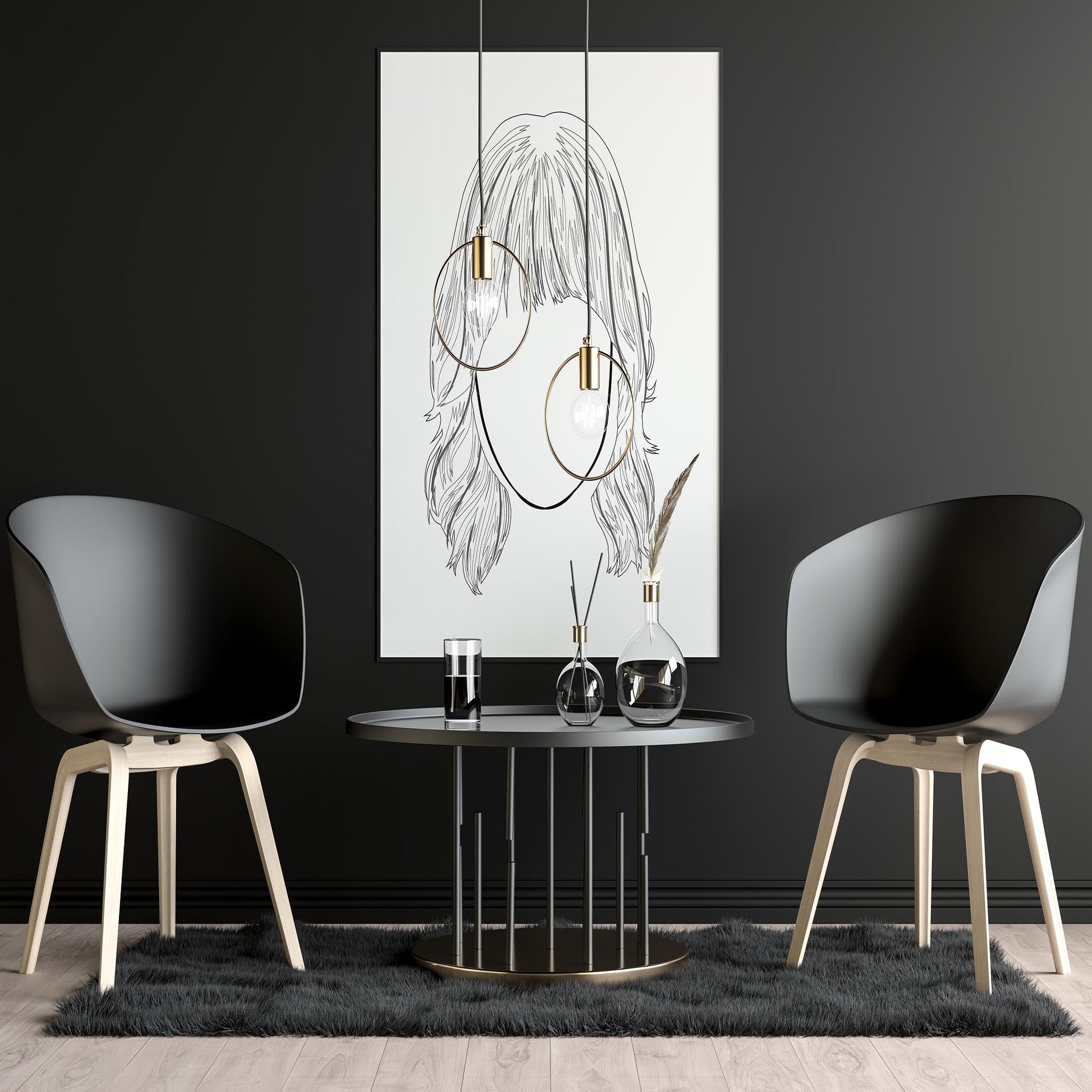 Character and human faces model 23 line art displayed in a modern interior setting.