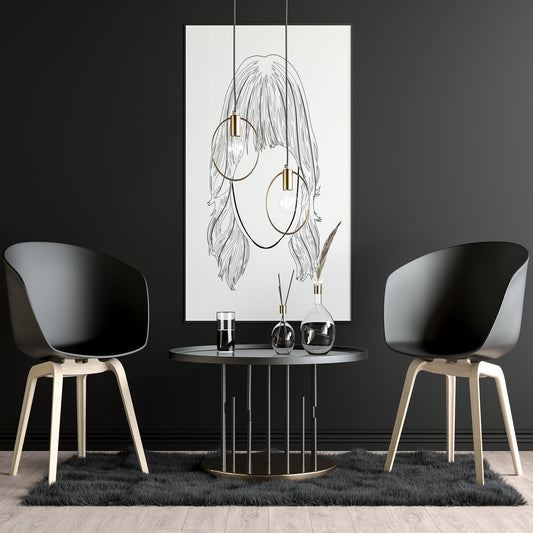 Character and human faces model 23 line art displayed in a modern interior setting.