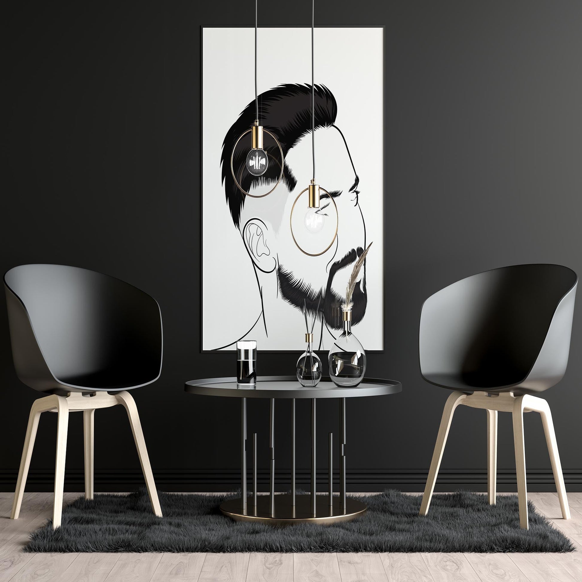 Digital line art portrait of character and human face, displayed in modern black and white interior.