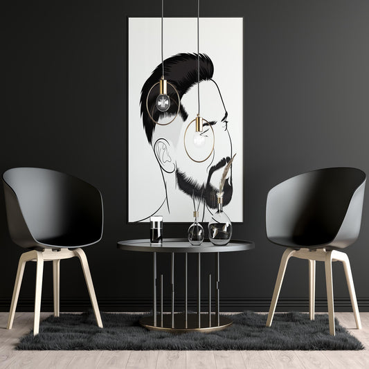 Digital line art portrait of character and human face, displayed in modern black and white interior.