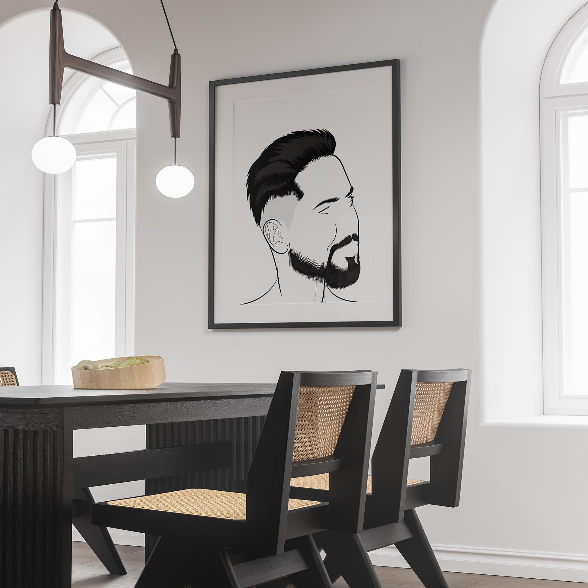 Line art portrait on wall in modern dining room setting.