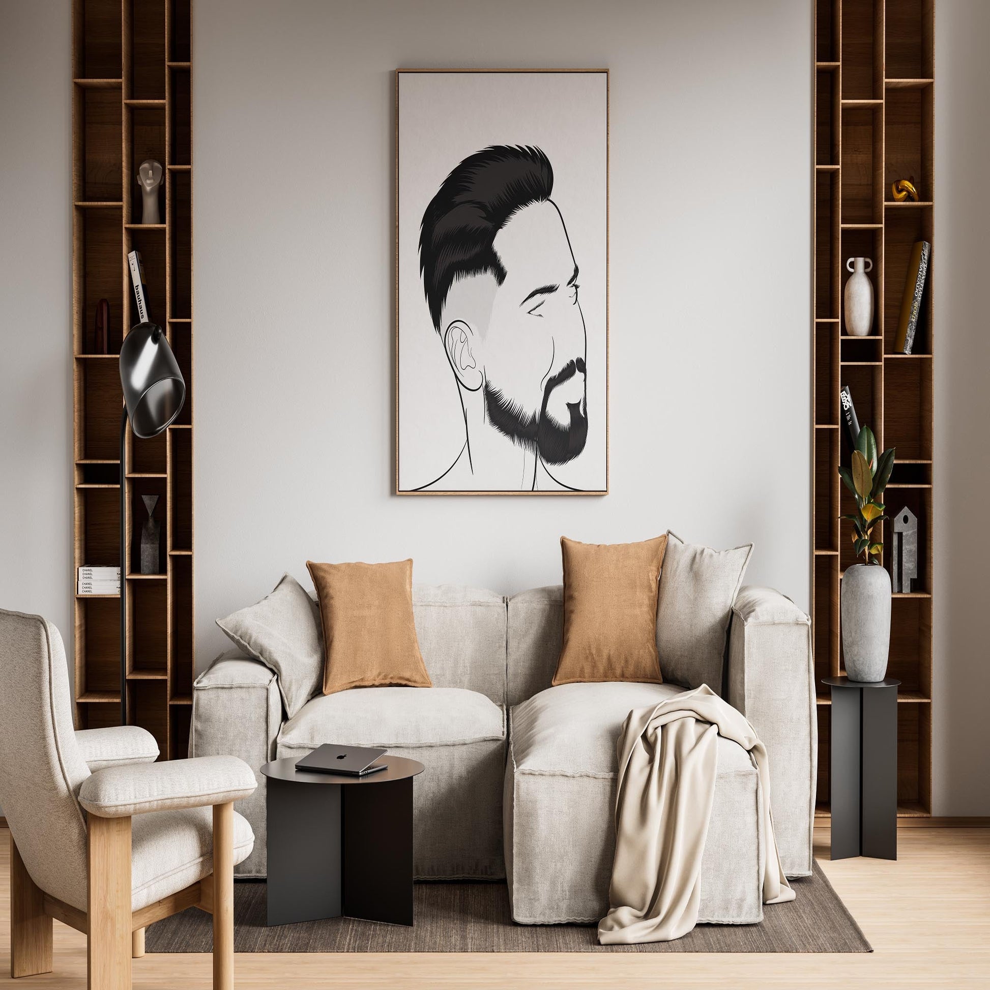 Character & Human Faces Model 24 line art portrait in modern living room setting.