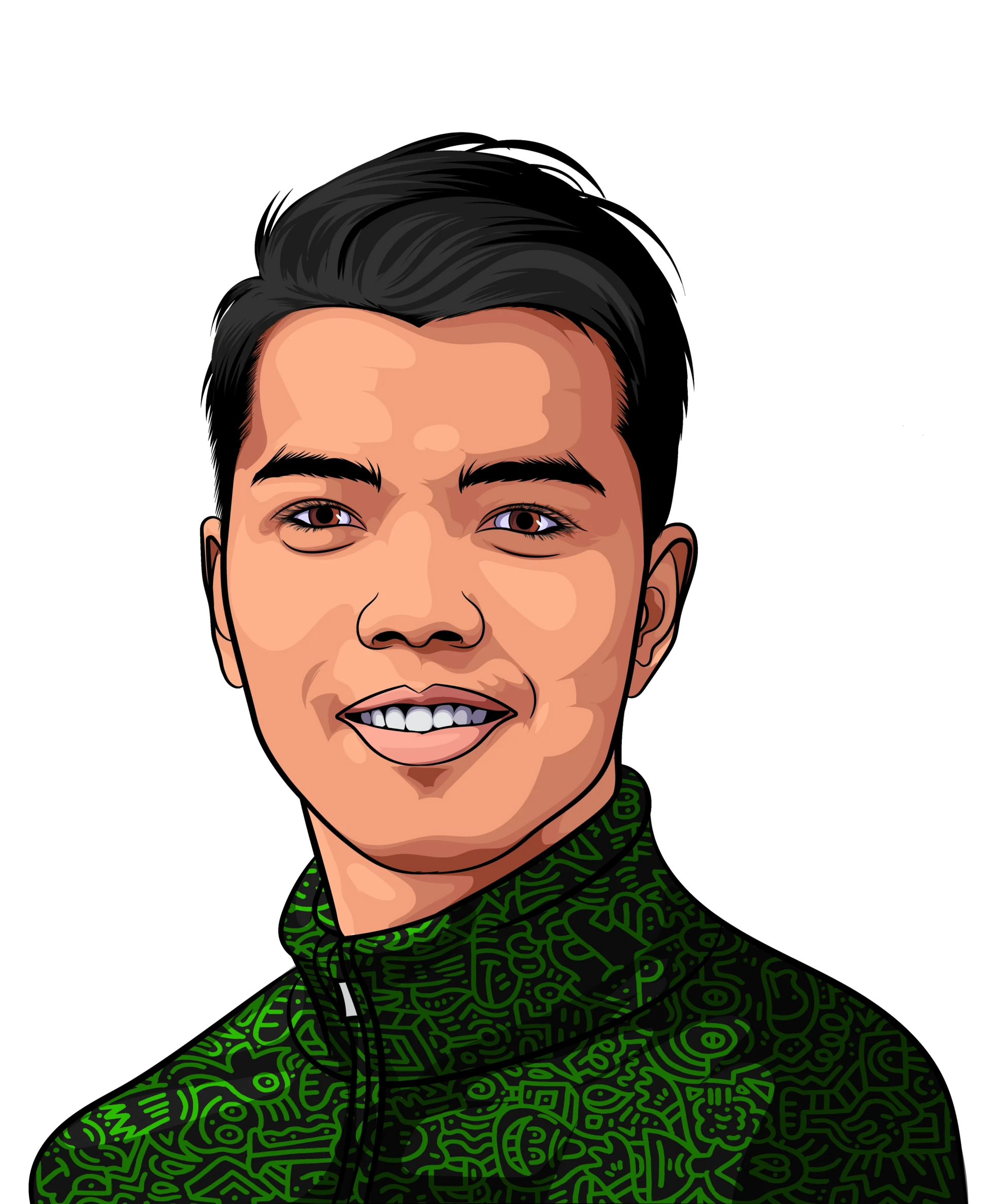 2D colored art of a person with black hair wearing a patterned green shirt, showcasing personalized digital design.