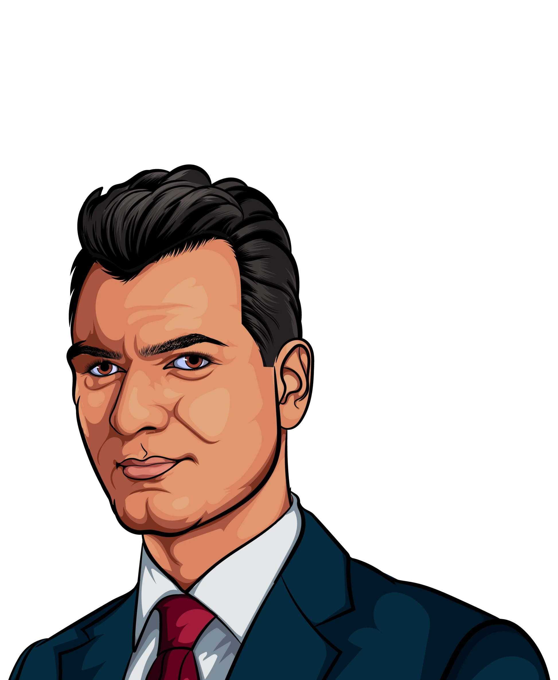 2D colored art illustration of a person in a suit with a red tie.