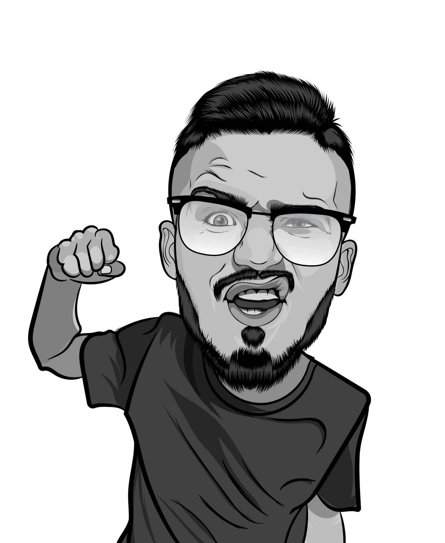 Custom 2D line art digital caricature of a man with glasses in black and white.