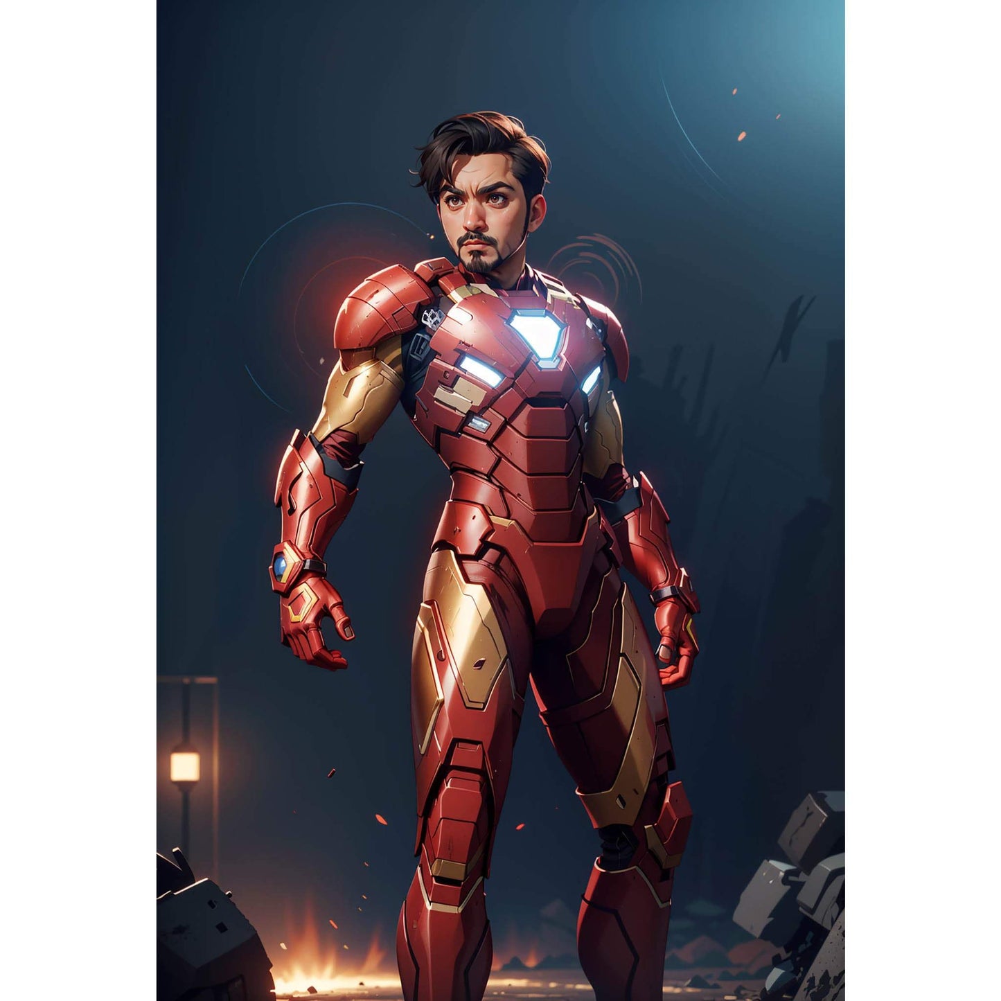 A person in a superhero suit with a high-tech armor design, posing dramatically against a dark background.