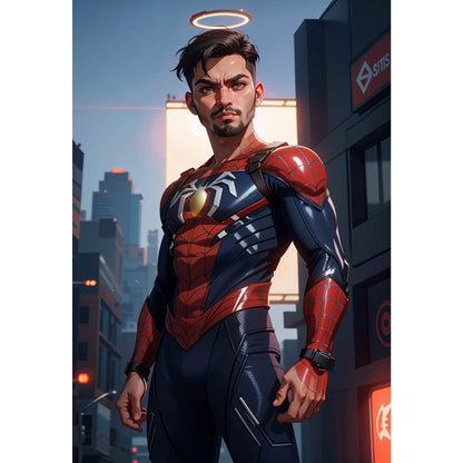 Custom superhero digital art transforming photo into Marvel hero with cityscape background.