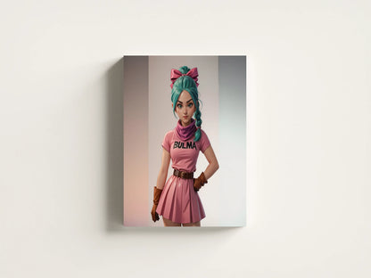 Custom anime character art on canvas with "Bulma" attire, created using advanced A.I. technology for personalized decor.