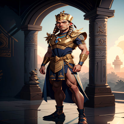 A digital art piece depicting a person as an ancient Egyptian pharaoh, featuring a golden crown and regal attire against a hieroglyphic background.