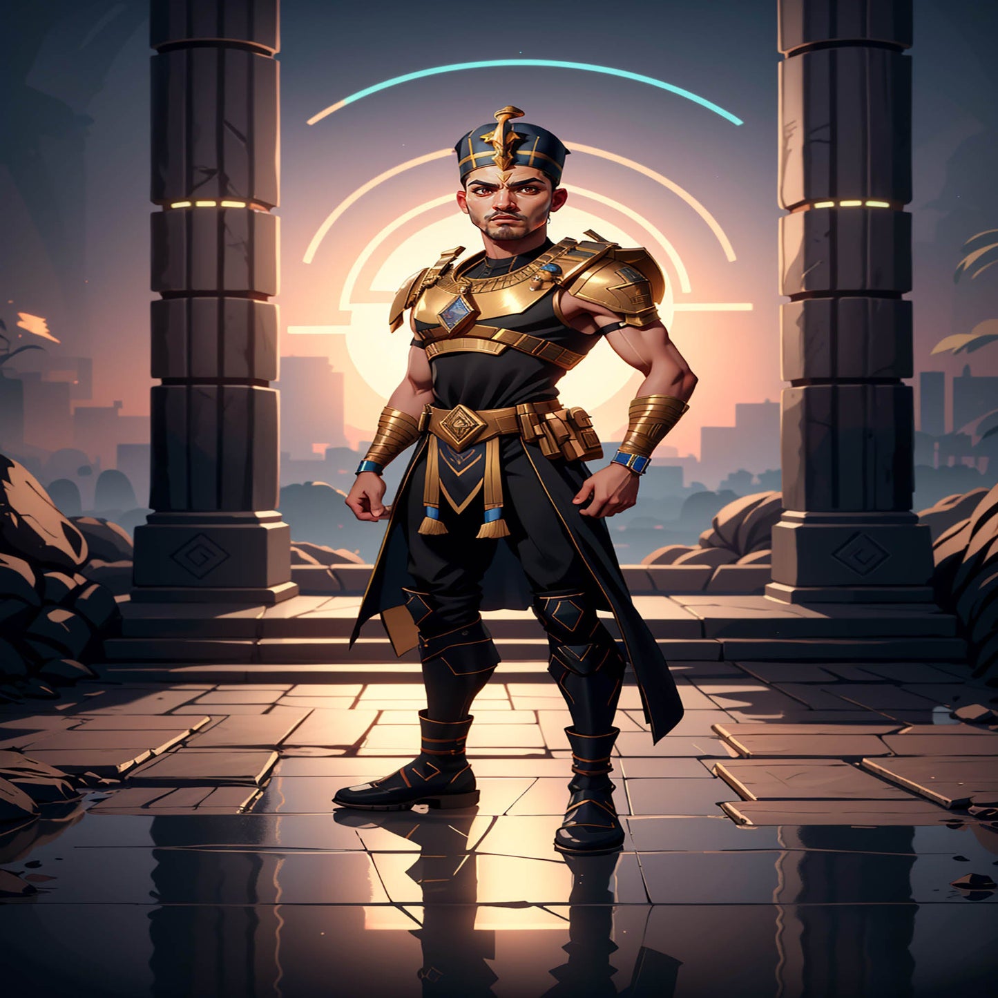 Custom AI Pharaoh Art - Ancient Egyptian King with gold crown and hieroglyphic backdrop.