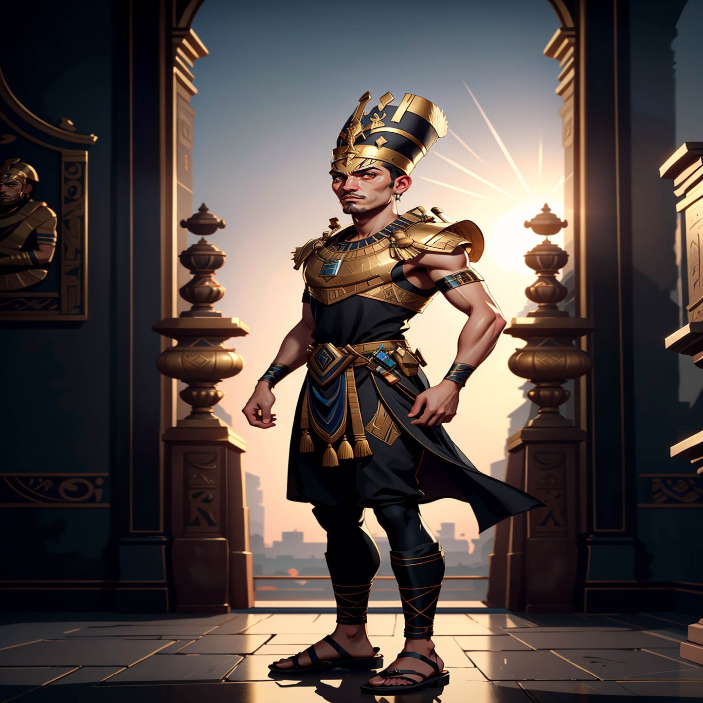 Custom A.I. Pharaoh Art, Ancient Egyptian King with Golden Crown and Hieroglyphic Background