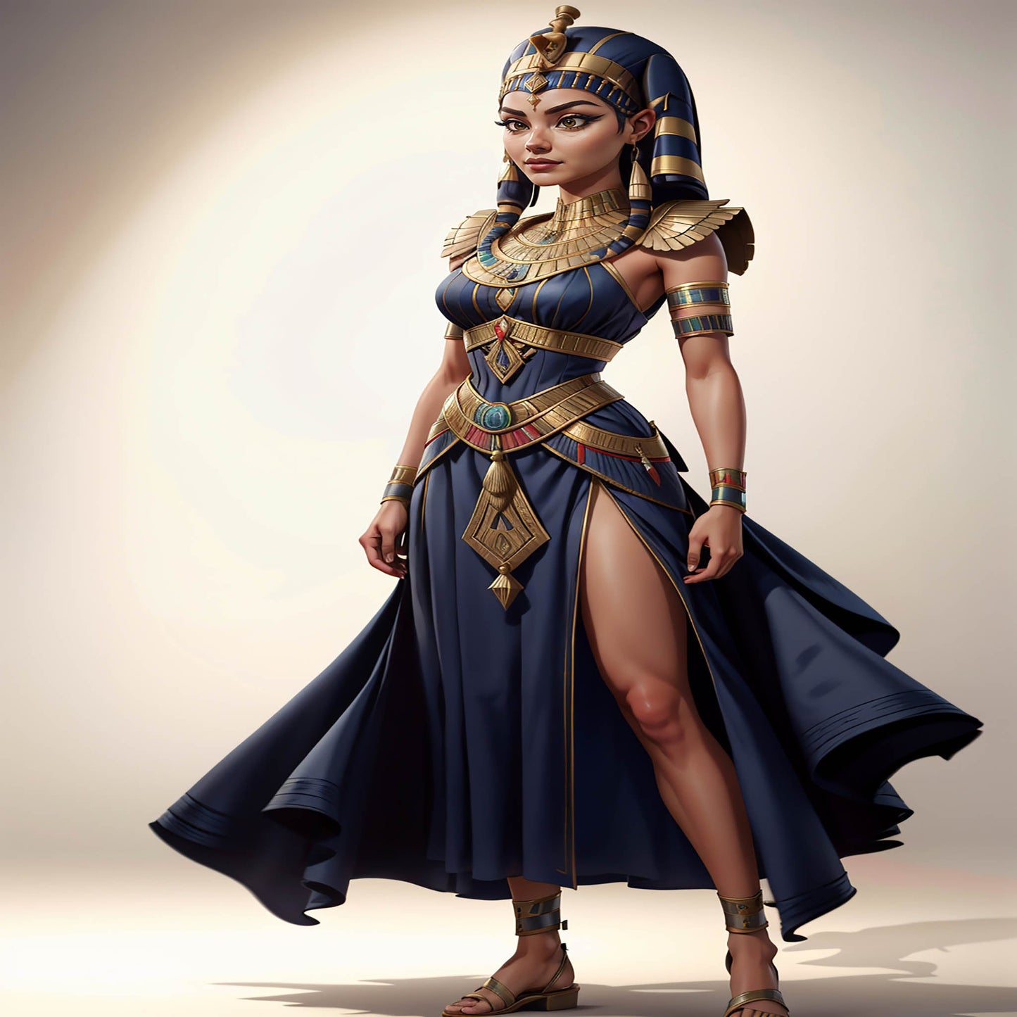 AI-generated Egyptian queen art with regal attire and golden crown; perfect for custom digital transformation.