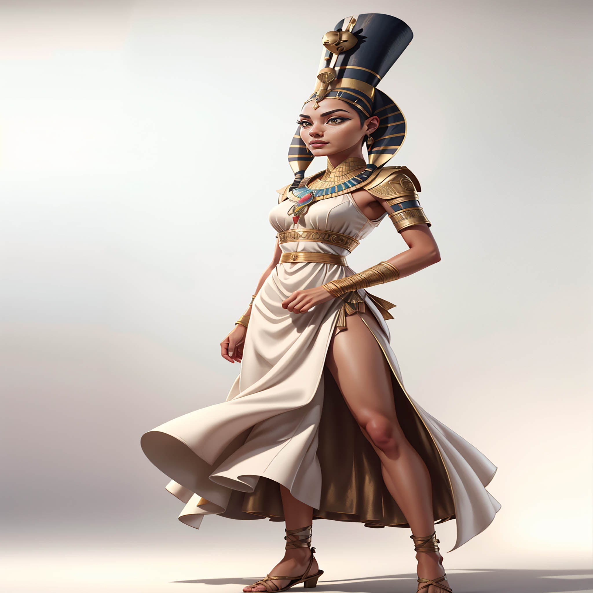 AI-generated art of a woman in ancient Egyptian attire with golden crown and regal dress.