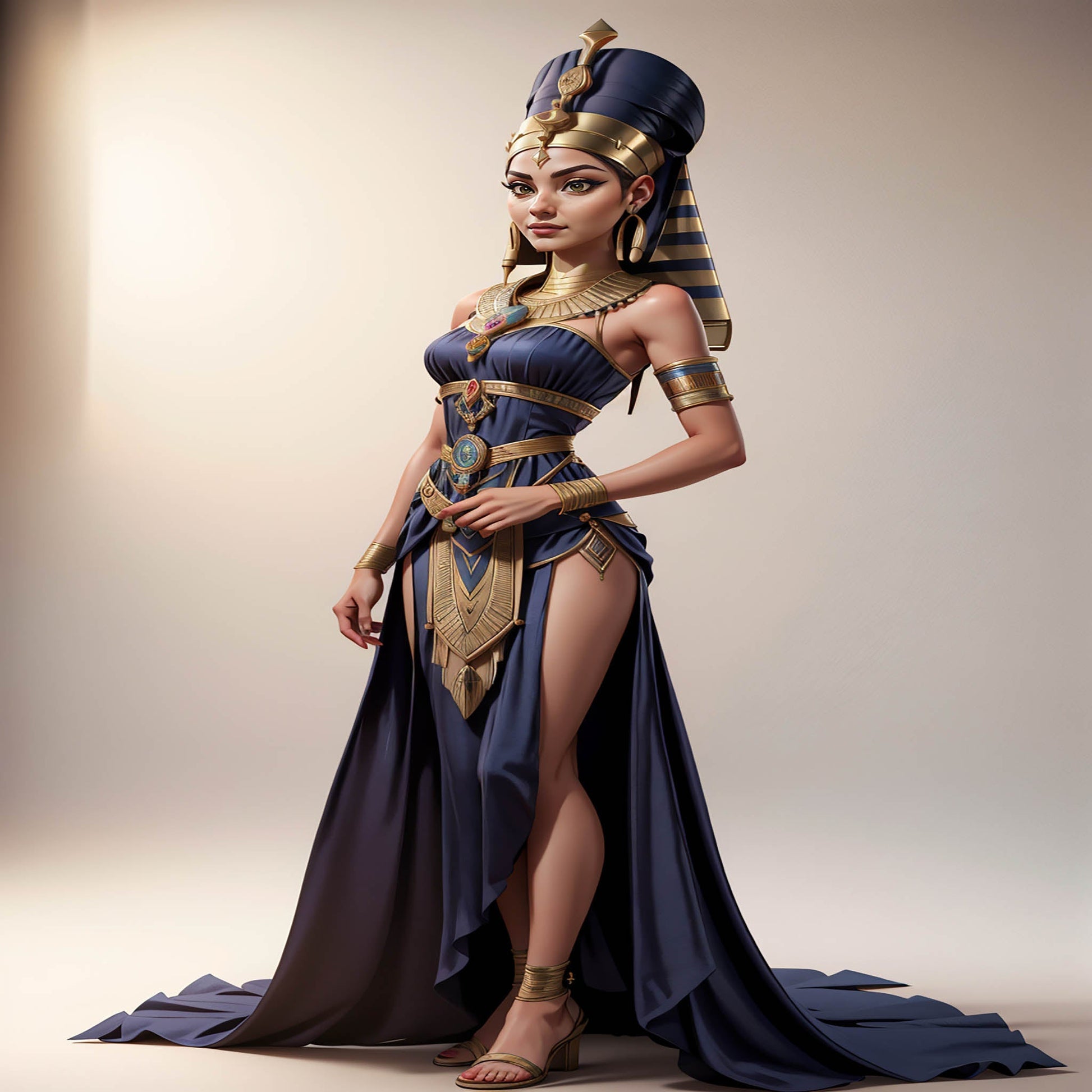 Ancient Egyptian queen digital art with golden crown and regal attire.