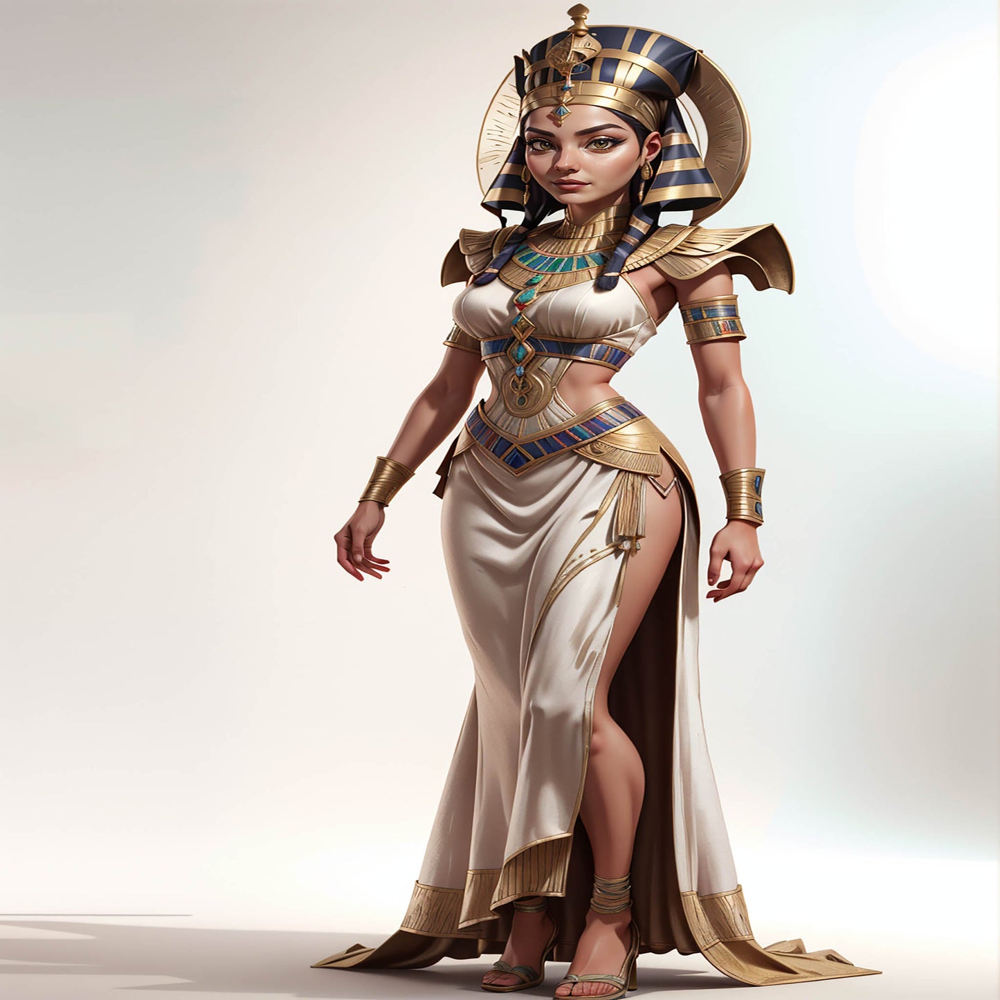 Custom Pharaoh A.I. digital art depicting a regal Ancient Egyptian queen in traditional attire and golden crown.