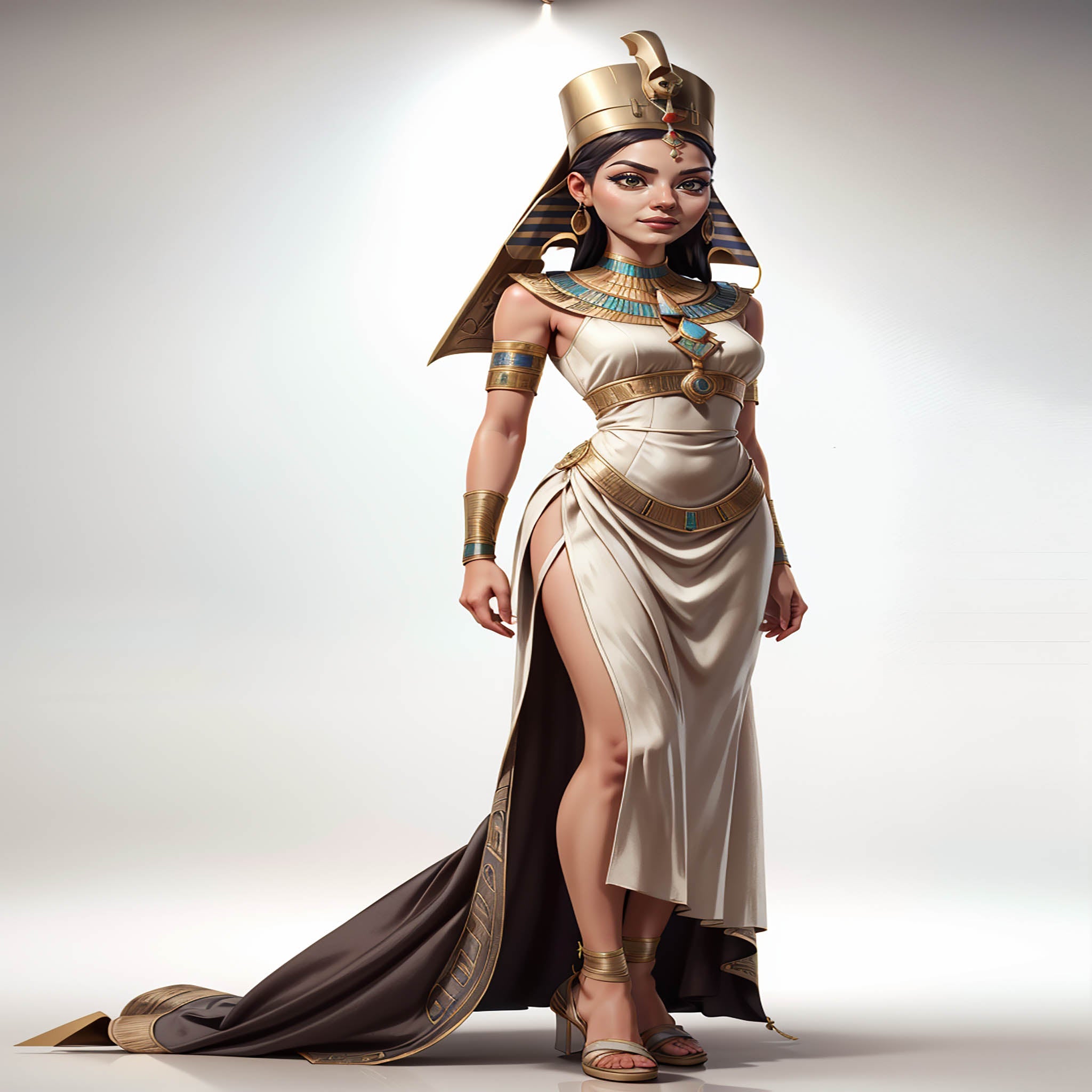 Ancient Egyptian queen digital art with gold crown and hieroglyphic background.