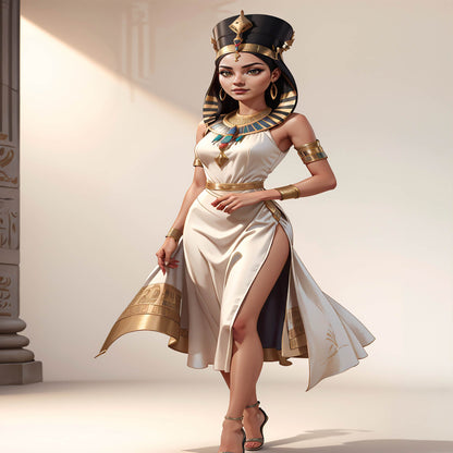 Custom Pharaoh A.I. digital art depicting a woman in ancient Egyptian attire with a golden crown and hieroglyphic background.