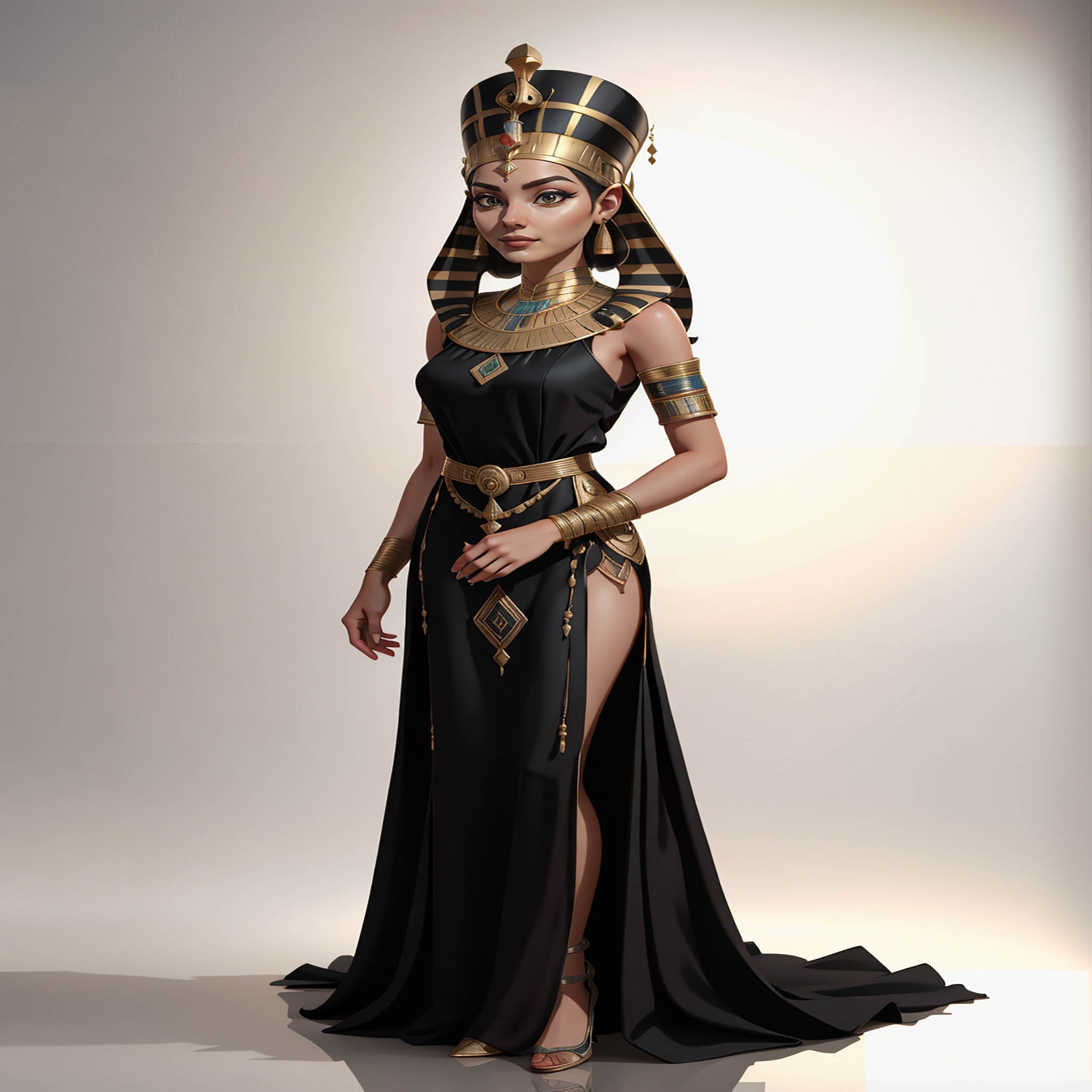 Digital artwork of a woman in Ancient Egyptian attire with a golden crown and hieroglyphic background.