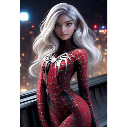 Digital artwork of a superhero figure in a Spider-Man inspired costume with long white hair, set against a cityscape background.