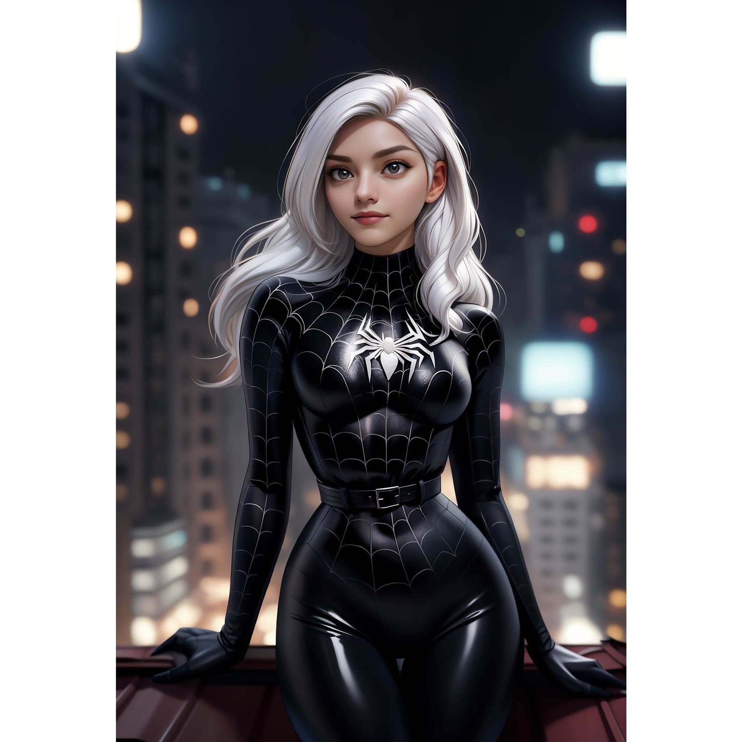 A digital art depiction of a woman in a superhero costume, inspired by Marvel and DC styles, set against a cityscape background.