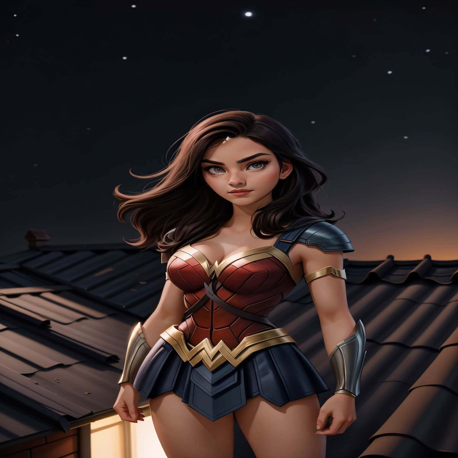 Custom superhero AI digital art featuring a female character in a Wonder Woman-inspired costume, ideal for personalized artwork and gifts.