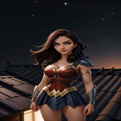 Custom superhero AI digital art featuring a female character in a Wonder Woman-inspired costume, ideal for personalized artwork and gifts.