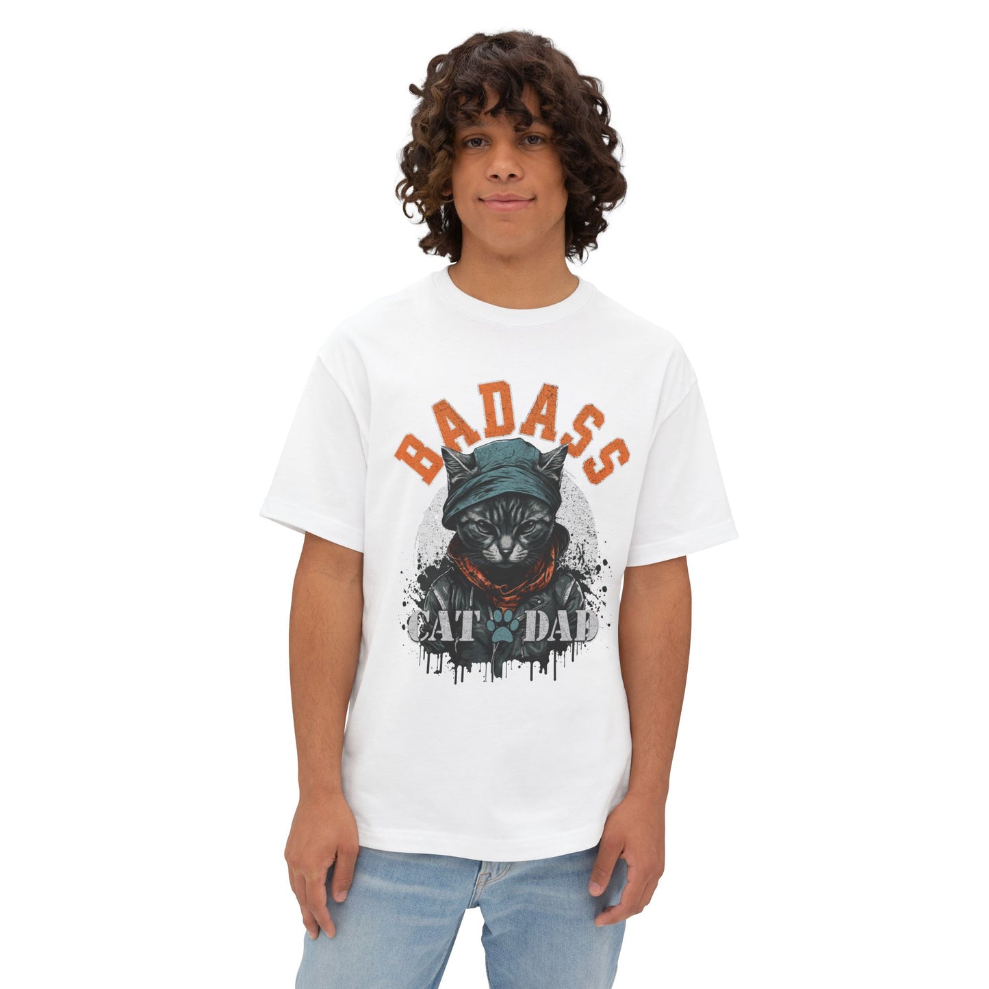 Badass Cat Dad Oversized T-Shirt – Relaxed Fit Funny Cat Lover Tee - FPD