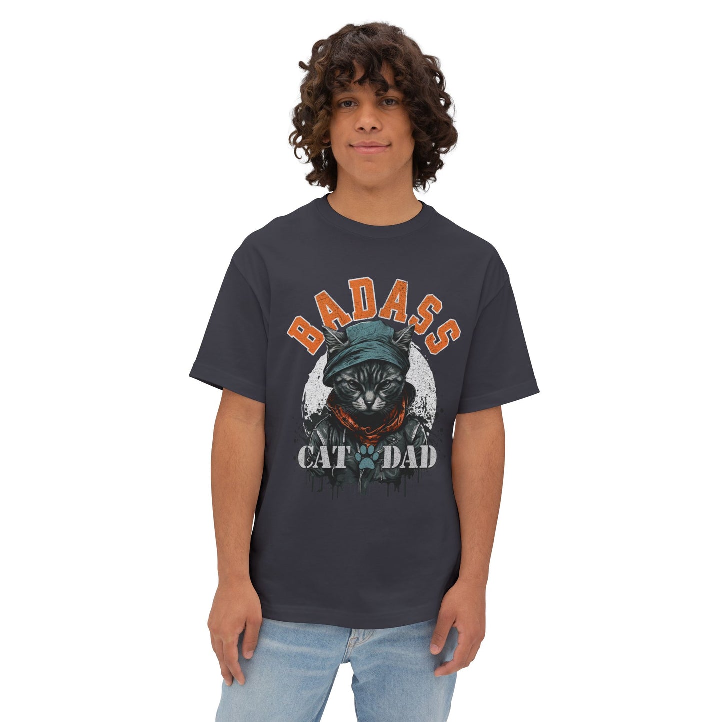 Badass Cat Dad Oversized T-Shirt – Relaxed Fit Funny Cat Lover Tee - FPD