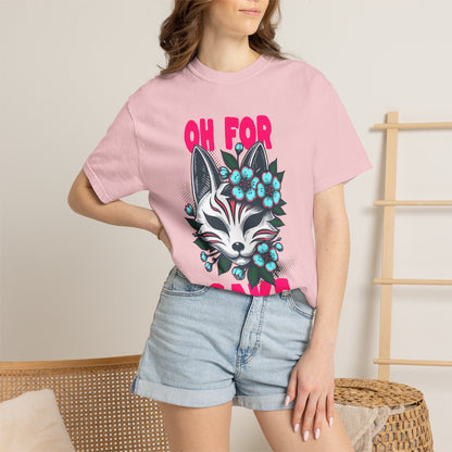 FPD - Oh For Sake Japanese Kitsune Fox Floral Streetwear Unisex Heavyweight Cotton T-Shirt, Sarcastic Anime Mask Graphic Tee