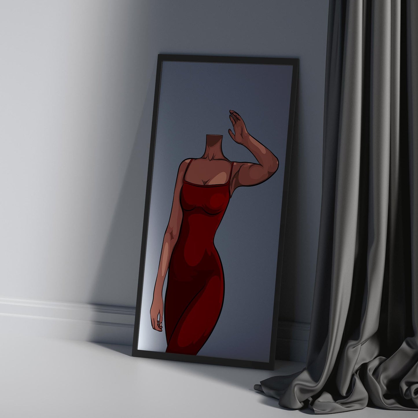 Burgundy dress artwork titled "Dress 10" in a frame, blending digitalized arts with baked art style.