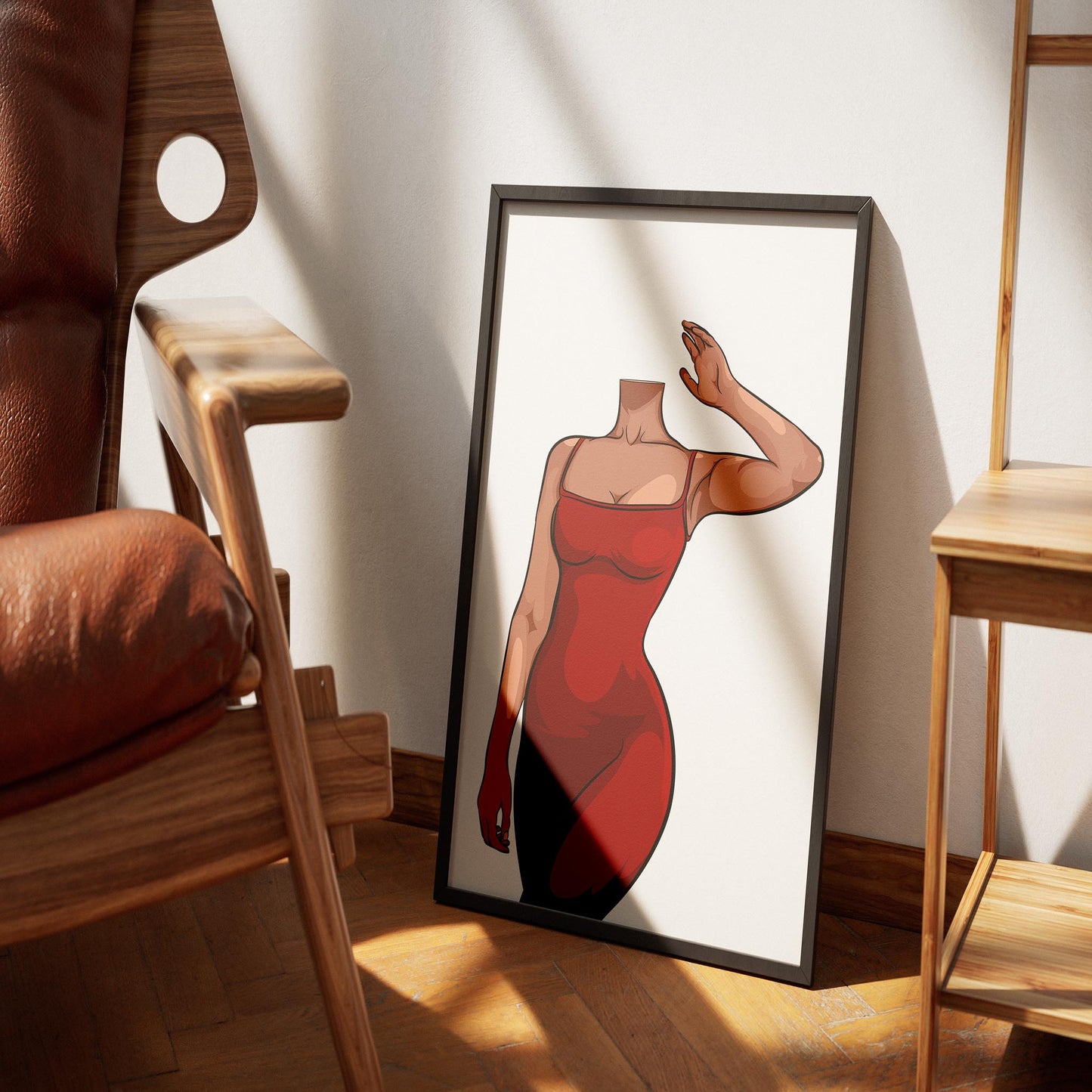 Elegant burgundy dress artwork in modern frame, enhancing decor with refined digitalized art style.