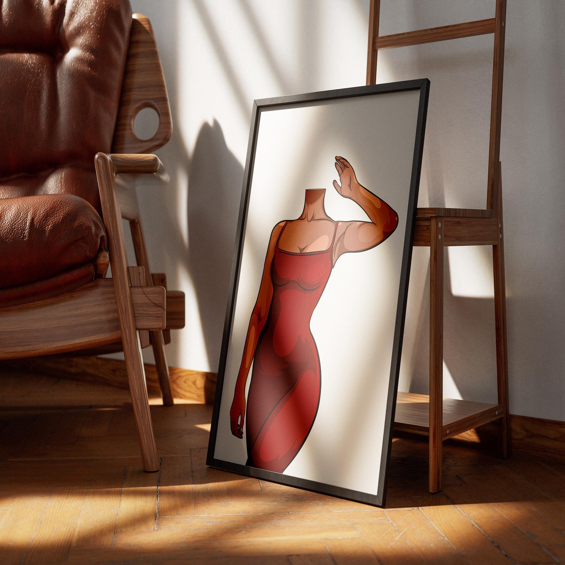 Elegant burgundy dress artwork in a frame, showcasing digitalized arts and baked art style.