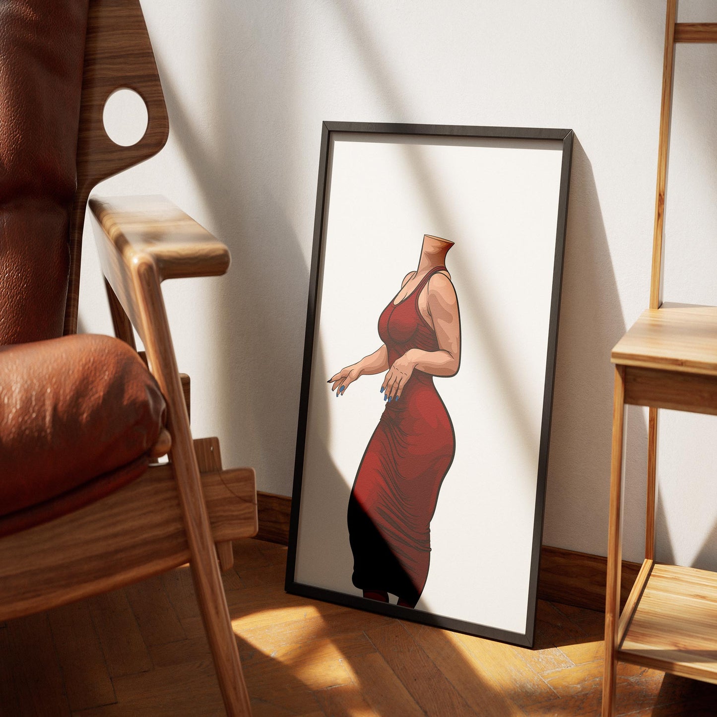 Red dress art print titled "Dress 11 - Digitalized Arts Baked Art" displayed on the wall next to a wooden chair.