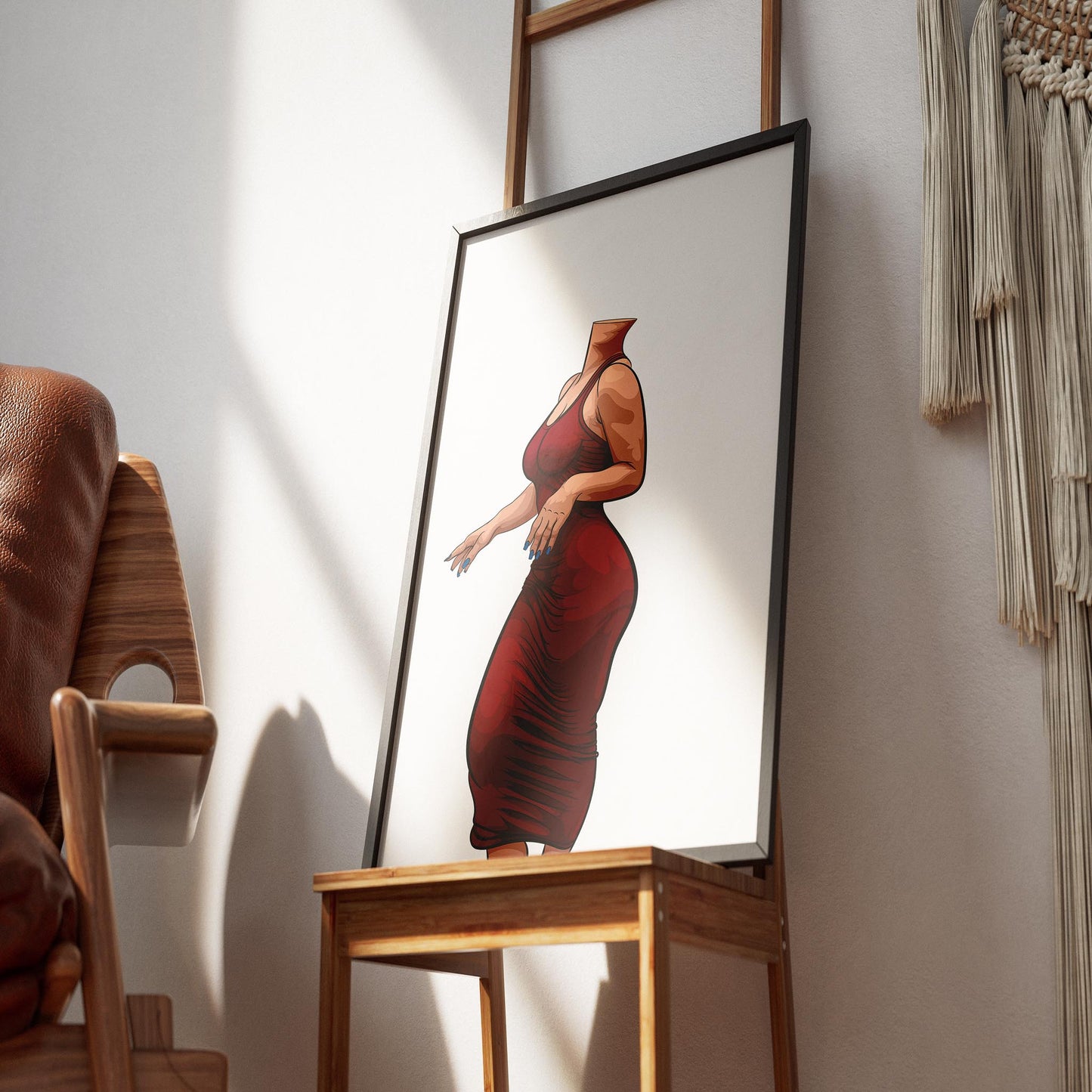 Striking red dress art titled "Dress 11 - Digitalized Arts Baked Art" displayed on an easel, perfect for art enthusiasts and decorators.