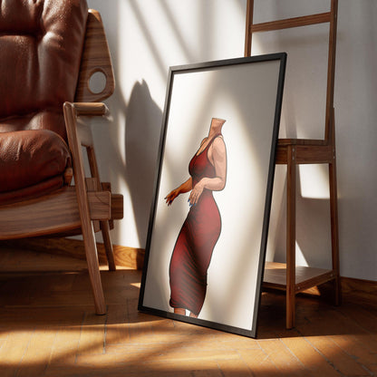 Striking red dress art print titled "Dress 11 - Digitalized Arts Baked Art" displayed on wooden floor.