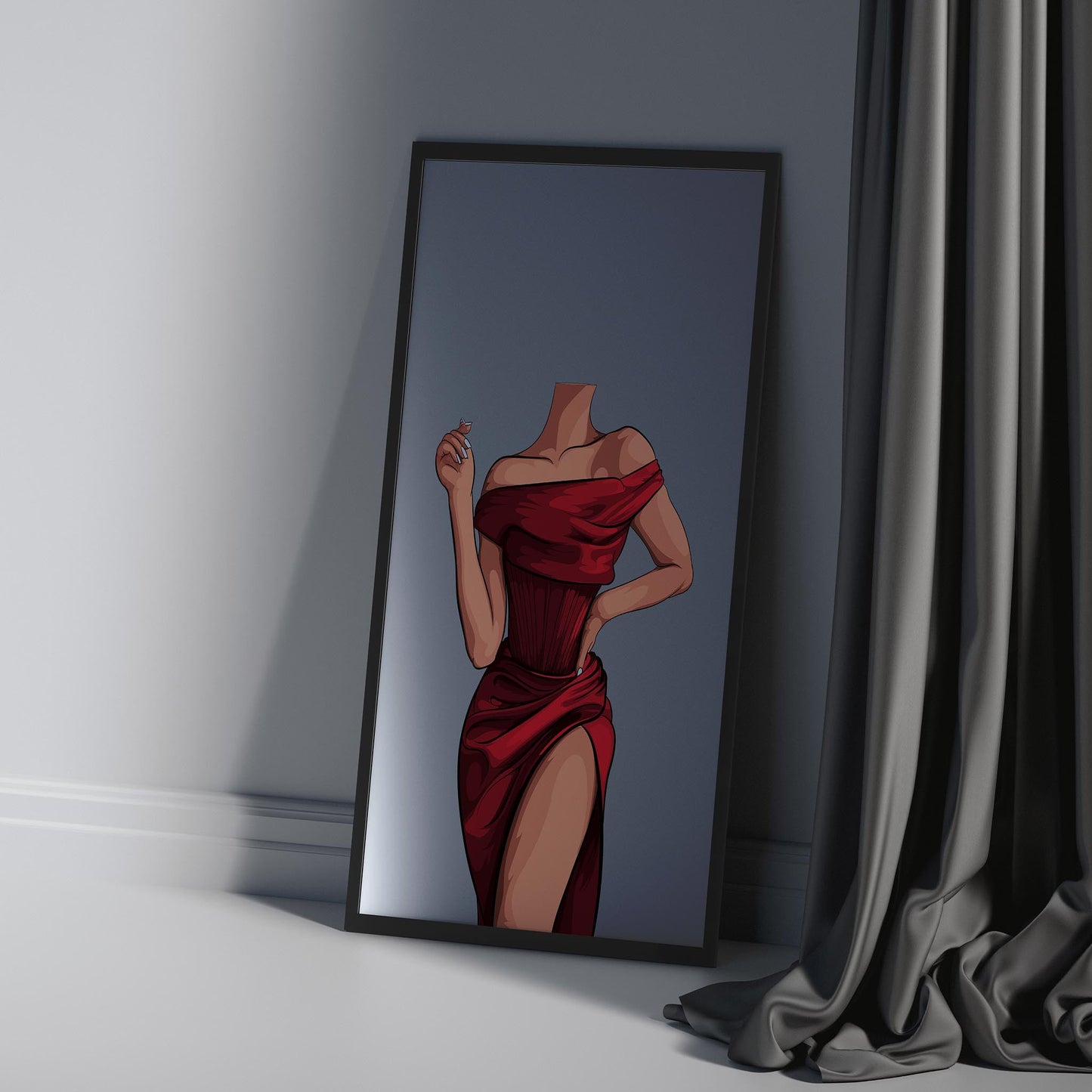 Elegant red off-shoulder gown reflected in mirror, part of Baked Art - Dress 1 Bundle.