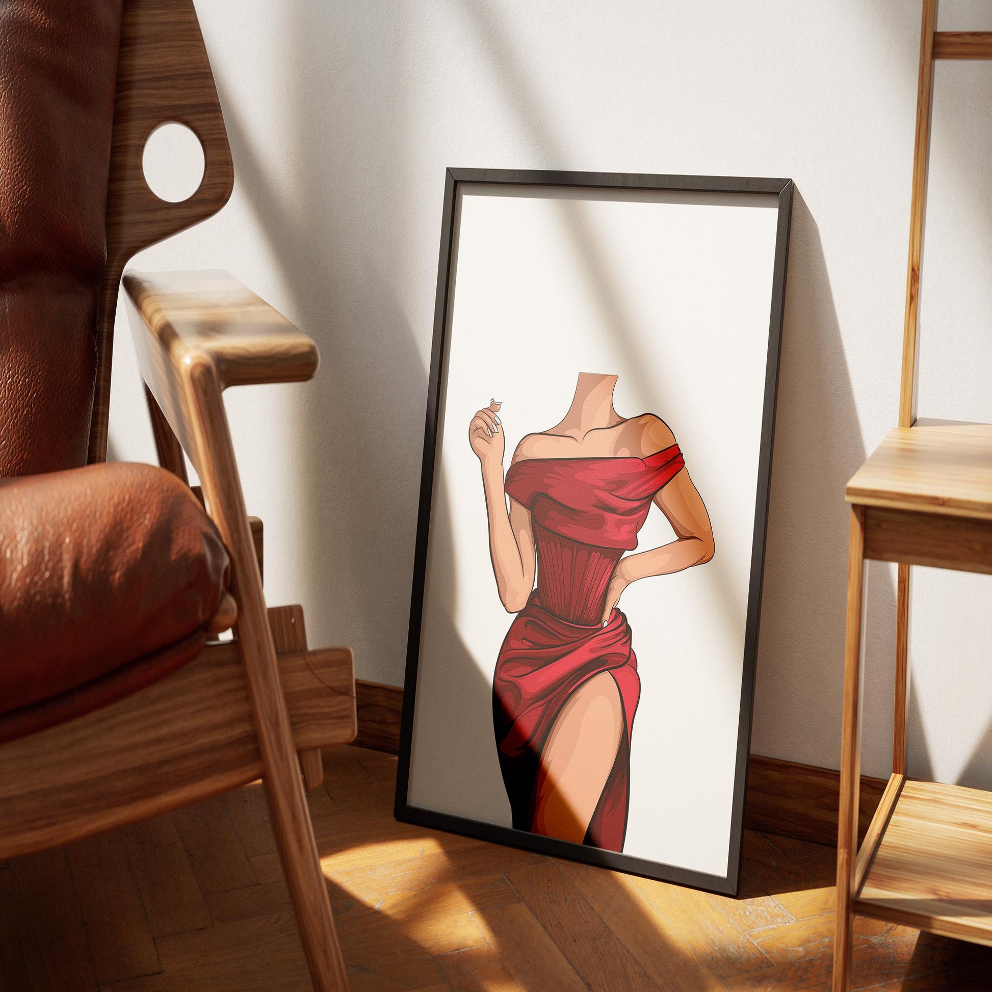 Digital artwork of a red off-shoulder gown in a minimalist room setting, part of the Baked Art - Dress 1 Bundle.