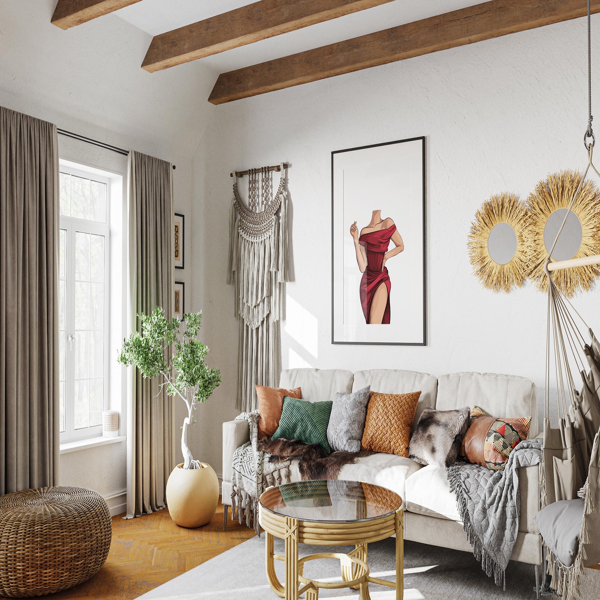 Stylish living room with framed Scarlet Elegance baked art of a red off-shoulder gown, featuring cozy decor and natural light.