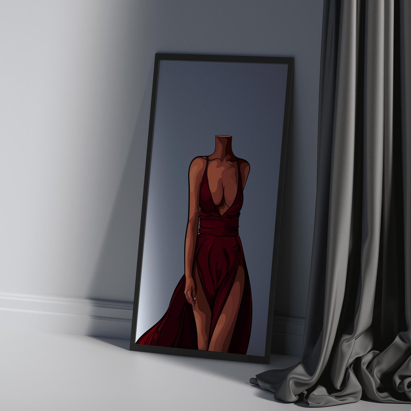 Crimson Grace deep red evening gown art with flowing fabric and slit, Baked Art - Dress 2 Bundle.