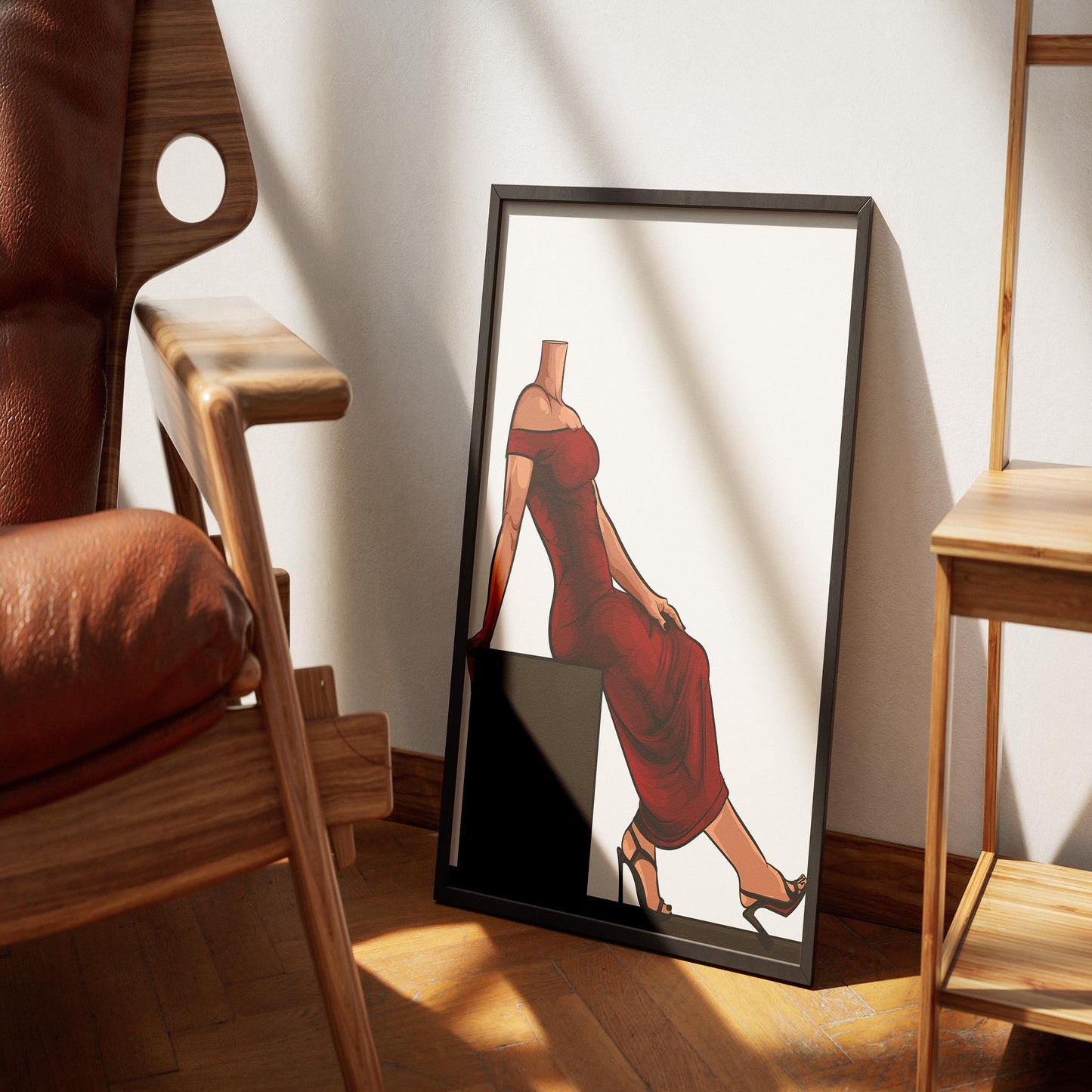 Elegant red gown digital artwork in a frame, showcasing detailed textures and lifelike shading for luxury-themed projects.