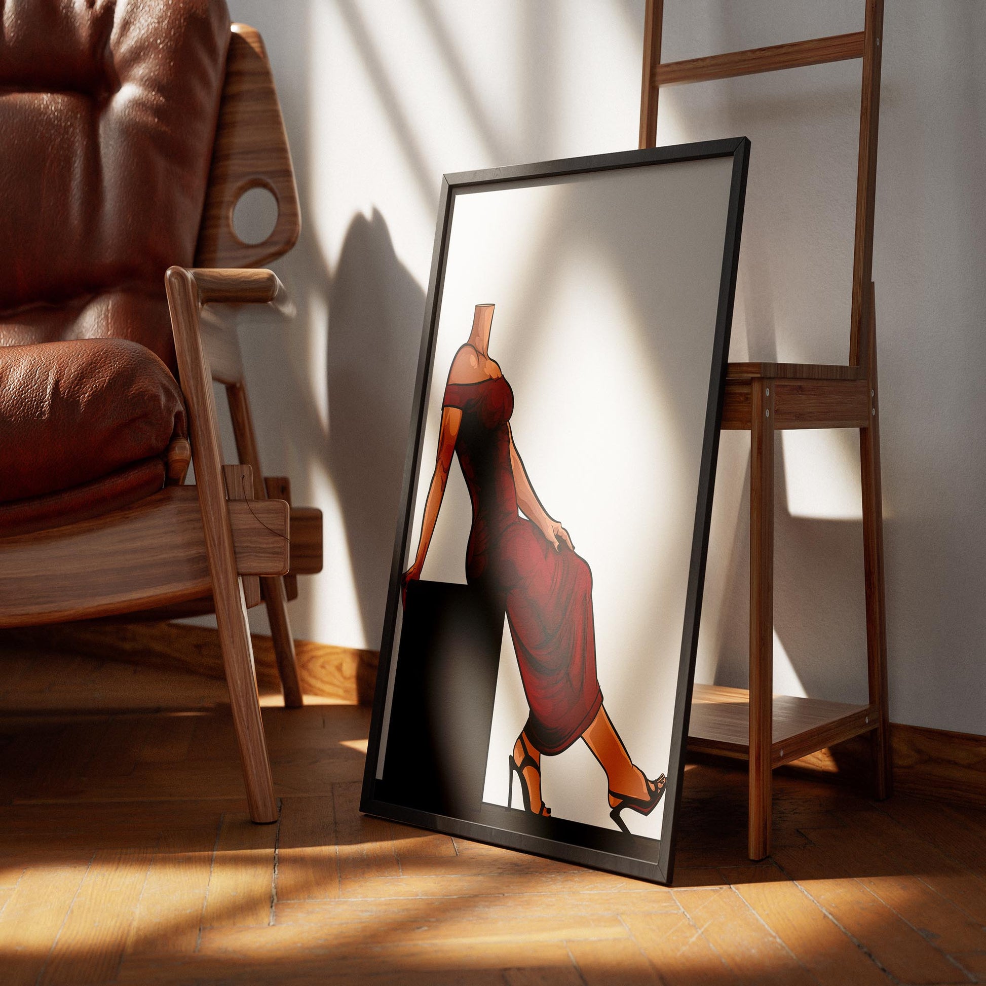 Baked Art Dress 3 in frame on wooden floor with elegant red gown illustration.