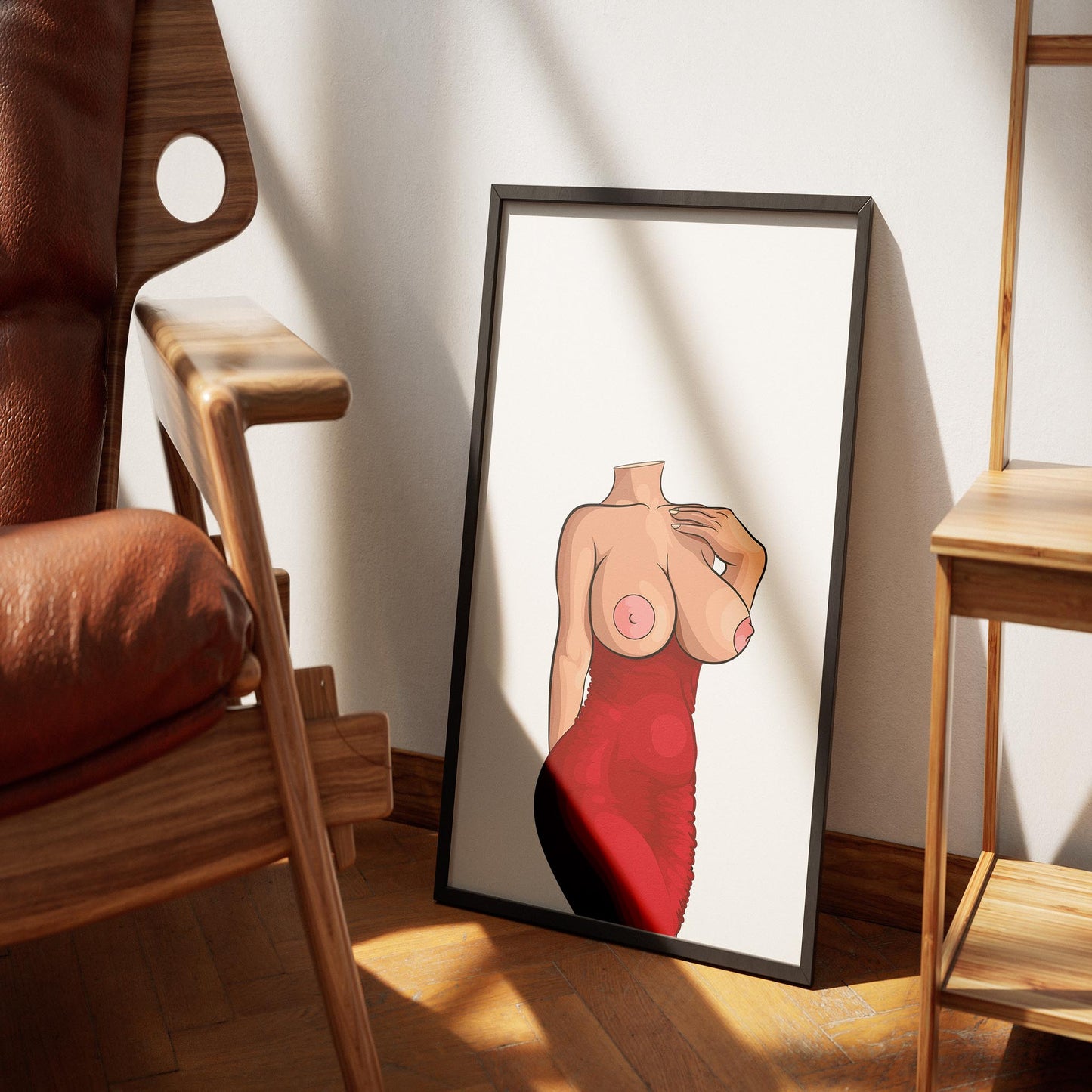 Framed art print of form-fitting red dress with bold curves, showcasing baked art design.